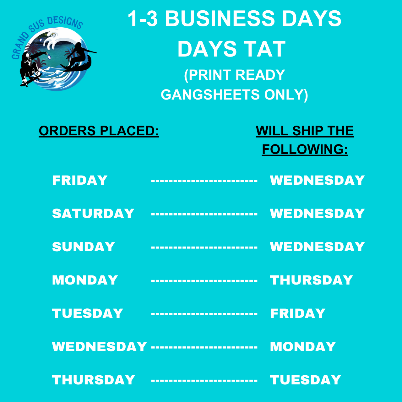 1-3 BUSINESS DAY TAT (PRINT READY GANG SHEETS ONLY)