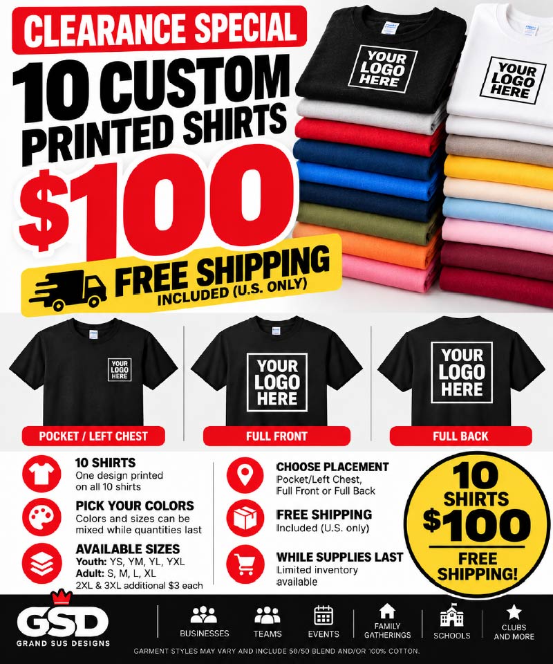 10 Custom Printed T-Shirts – 10 for $100 with Free Shipping