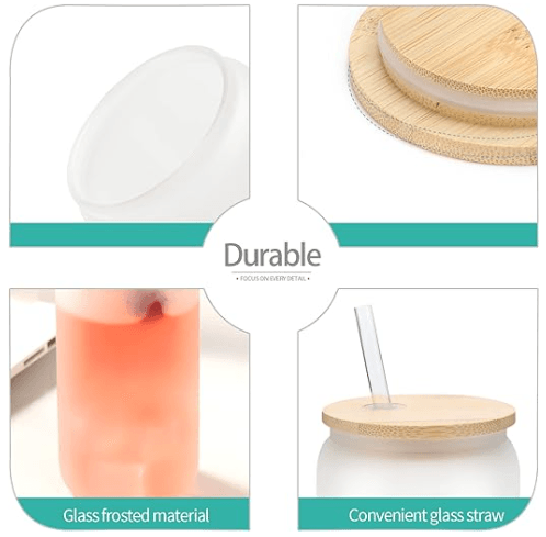 Bespoke Elegance: Personalized Frosted Glass Cup with Bamboo Lid and Glass Straw - Grand Sus Designs