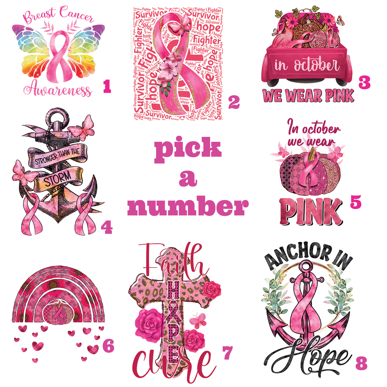 Breast Cancer AWARENESS MONTH Pick A Number Design 1 - Grand Sus Designs